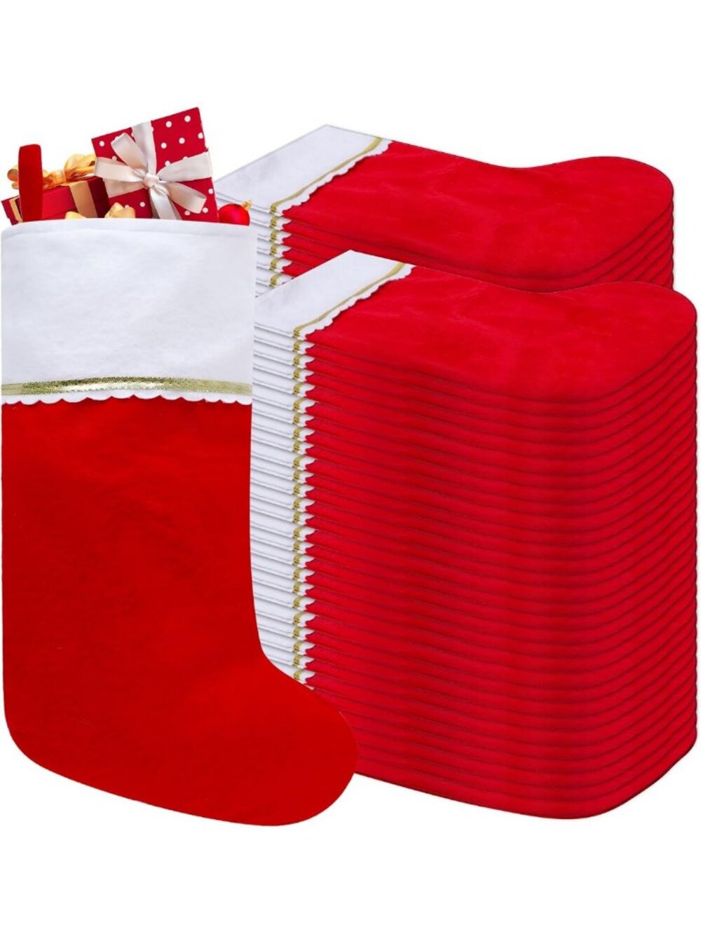 60 Pack Red & White Felt Christmas Stockings, 19" with Gold Trim for Holiday